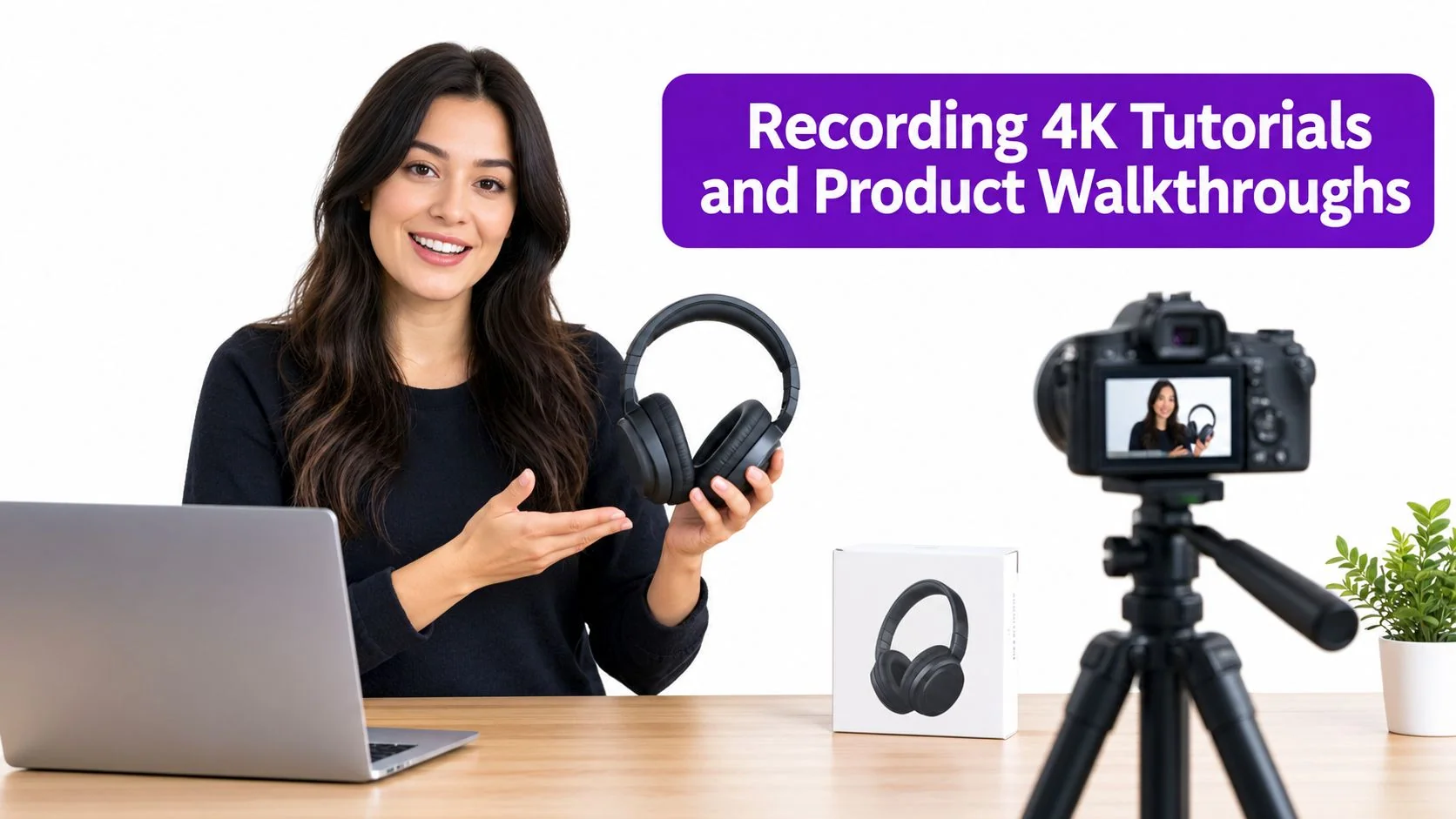 A smiling woman presenting black wireless headphones while recording a 4K video tutorial with a camera.
