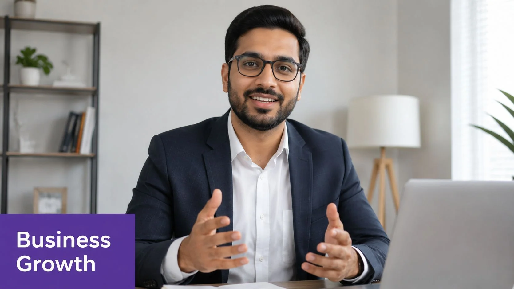 A professional man in a suit and glasses presenting during a video call about business growth.