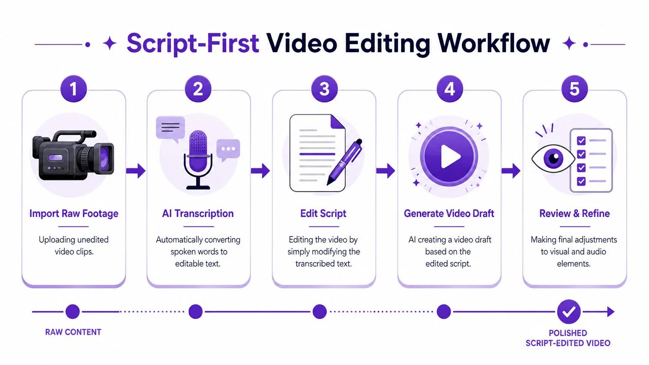 A five-step infographic illustrating a script-first AI video editing workflow for professional video production.