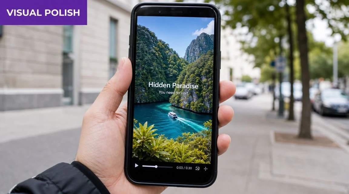 A hand holding a smartphone displaying an AI-generated travel video of a boat on blue water.