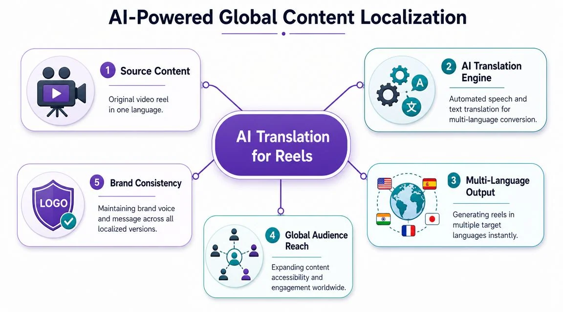 A diagram illustrating the five stages of AI-powered global content localization for video reels and audience engagement.