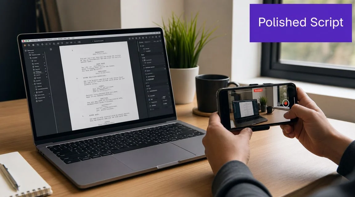 A person using a smartphone to record a laptop screen displaying a script in an AI video editor.