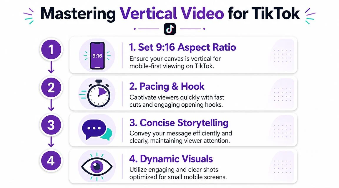 An infographic showing four essential tips for mastering vertical video content creation for TikTok.