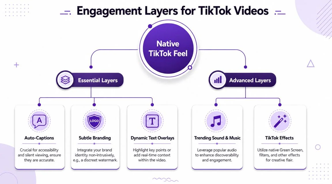 A diagram illustrating engagement layers for TikTok videos, categorized into essential and advanced content strategies.