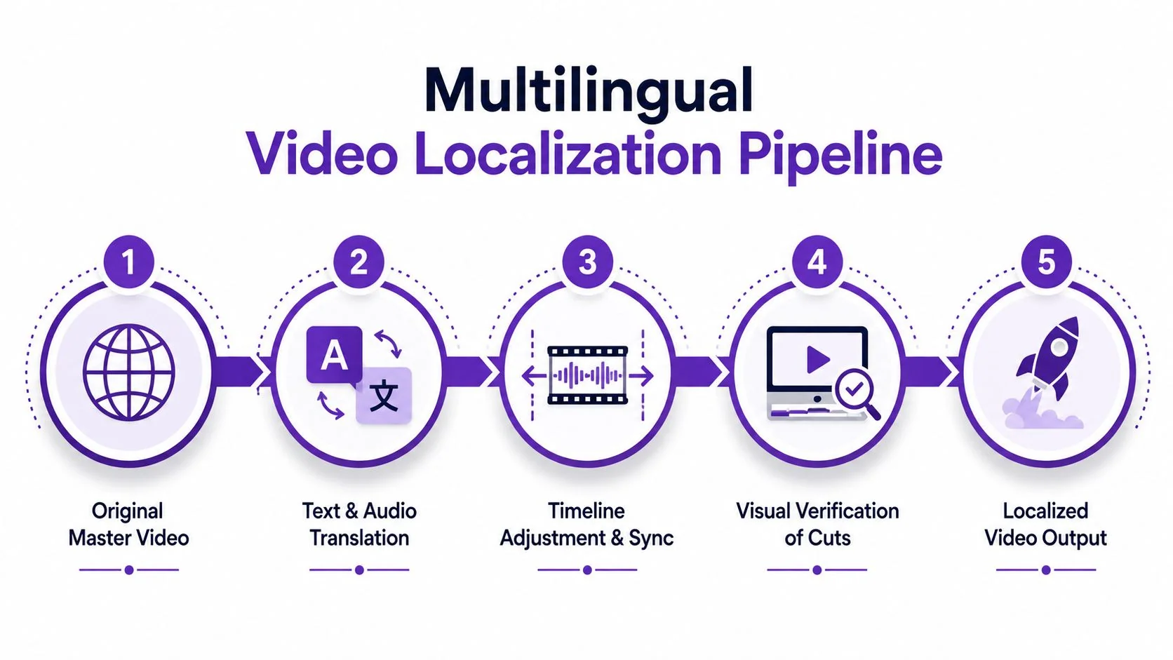 A five-step infographic showing the multilingual video localization pipeline process from original video to final output.