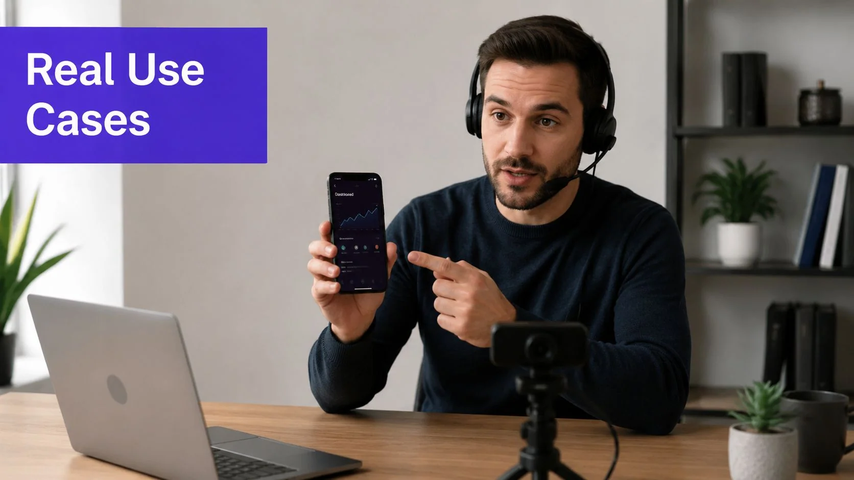 A professional man with a headset showing a smartphone dashboard during a video call or tutorial.