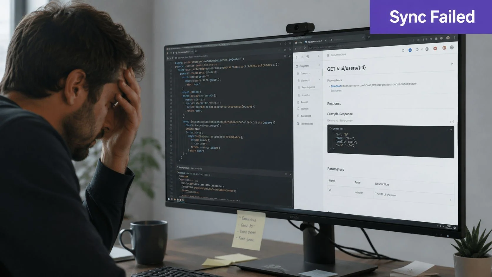 A stressed software developer looking at complex API documentation code on a computer monitor in an office.