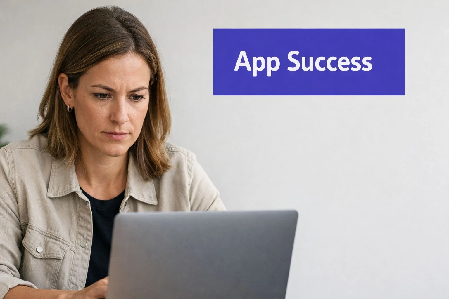 A focused woman working on a laptop with the text App Success displayed in a blue rectangle.