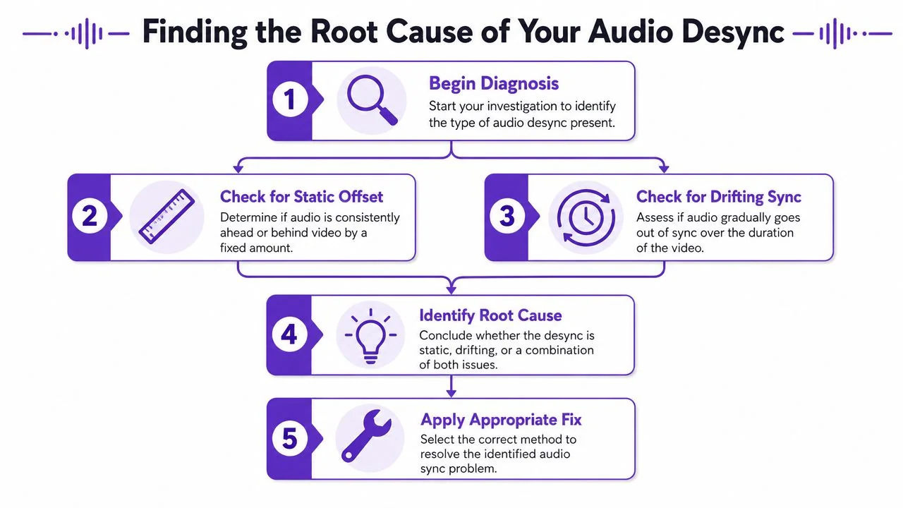 A flowchart infographic illustrating the five steps to diagnose and resolve audio desync issues in videos.