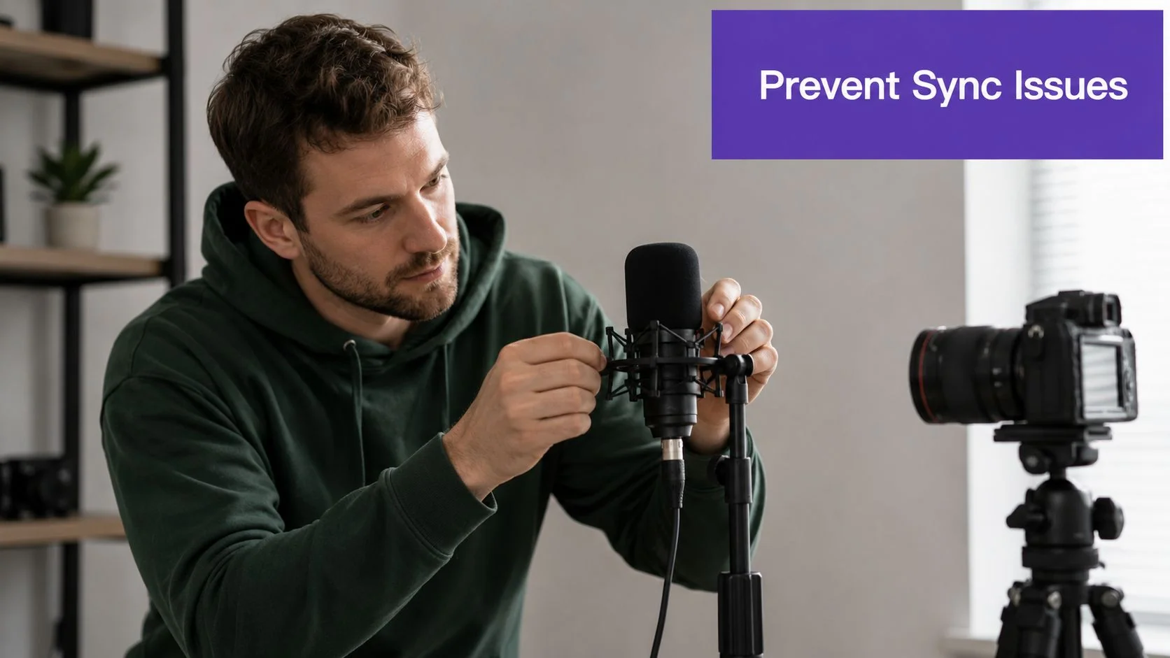 A man in a green hoodie adjusting a professional studio microphone on a stand while recording video.