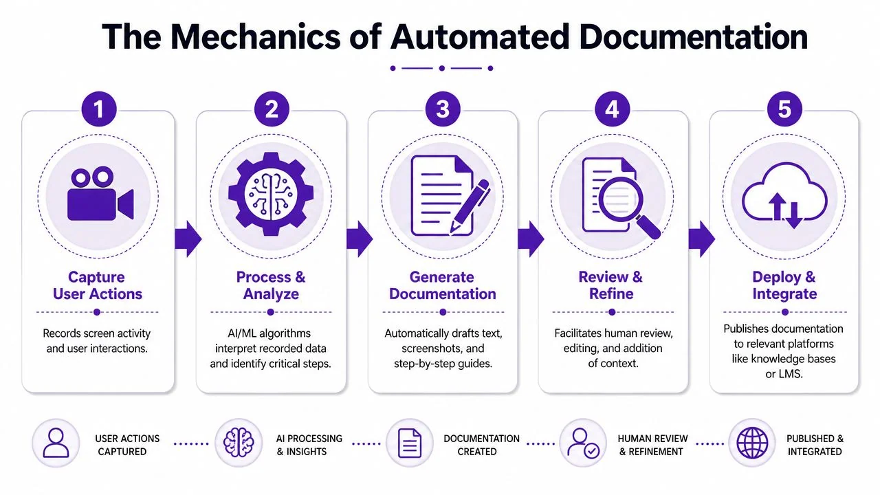 A five-step infographic detailing the mechanics of automated documentation from user capture to final integration.