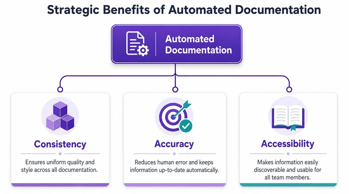 A diagram illustrating the strategic benefits of automated documentation including consistency, accuracy, and accessibility for team information.