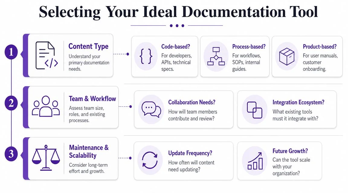 A flow chart outlining three essential steps for choosing the right documentation tool for your organization.