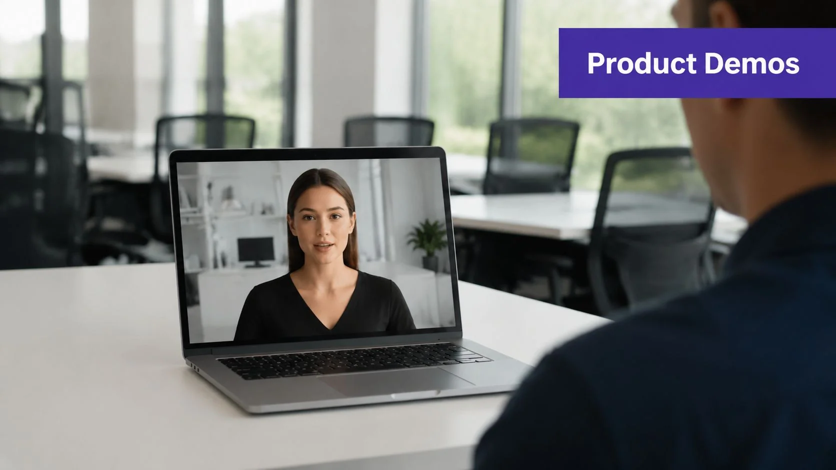 A professional man watches a product demo video of a woman on his laptop in an office.