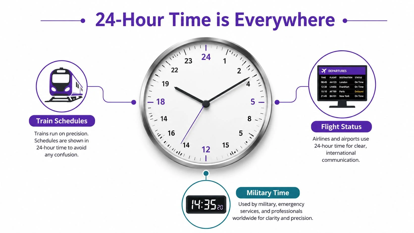 An infographic illustrating 24-hour time usage across trains, airports, and digital military clocks for precision.