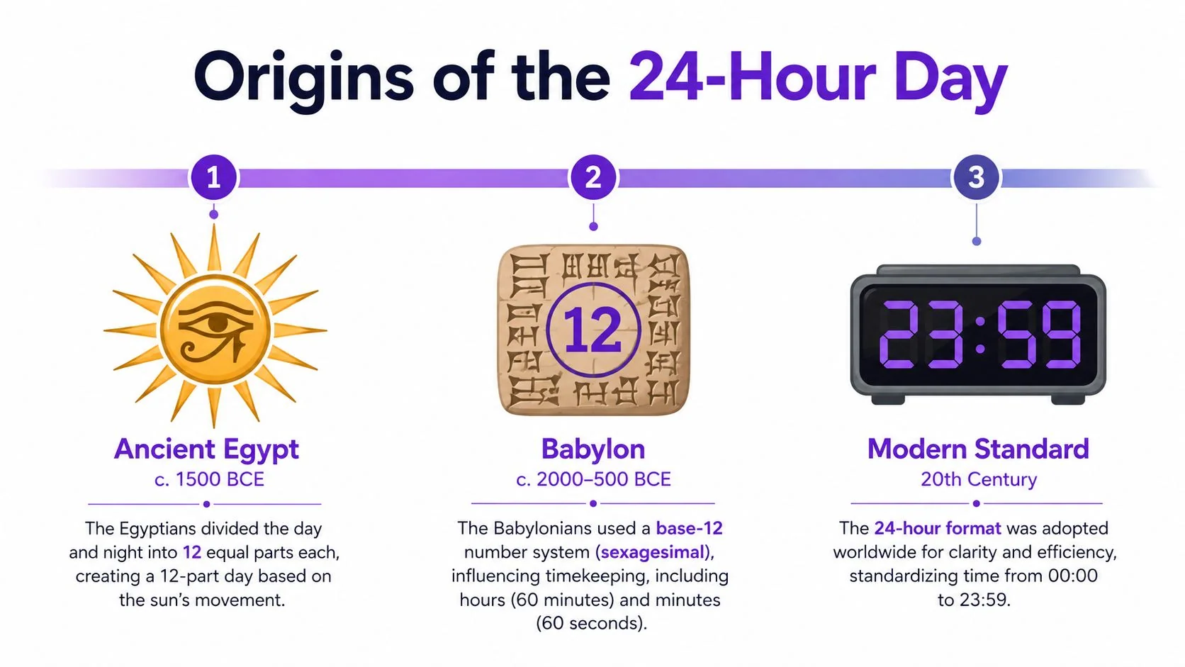 A timeline graphic showing the evolution of the 24-hour day from Ancient Egypt to modern digital clocks.