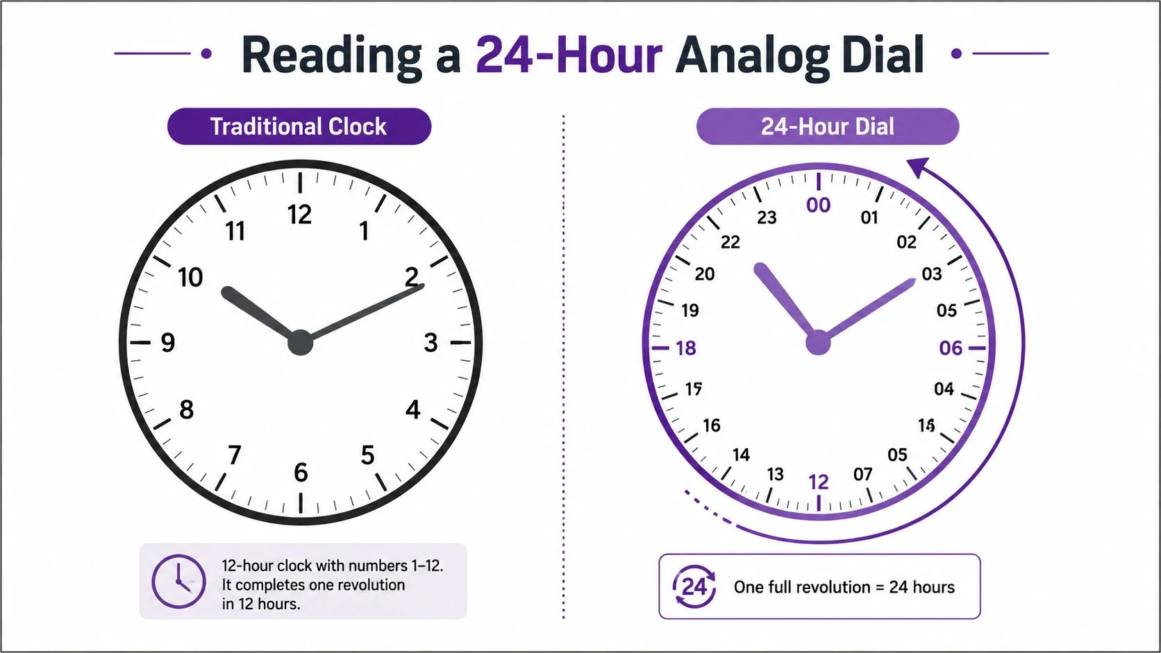 A comparison graphic showing a traditional 12-hour analog clock alongside a 24-hour dial analog clock.