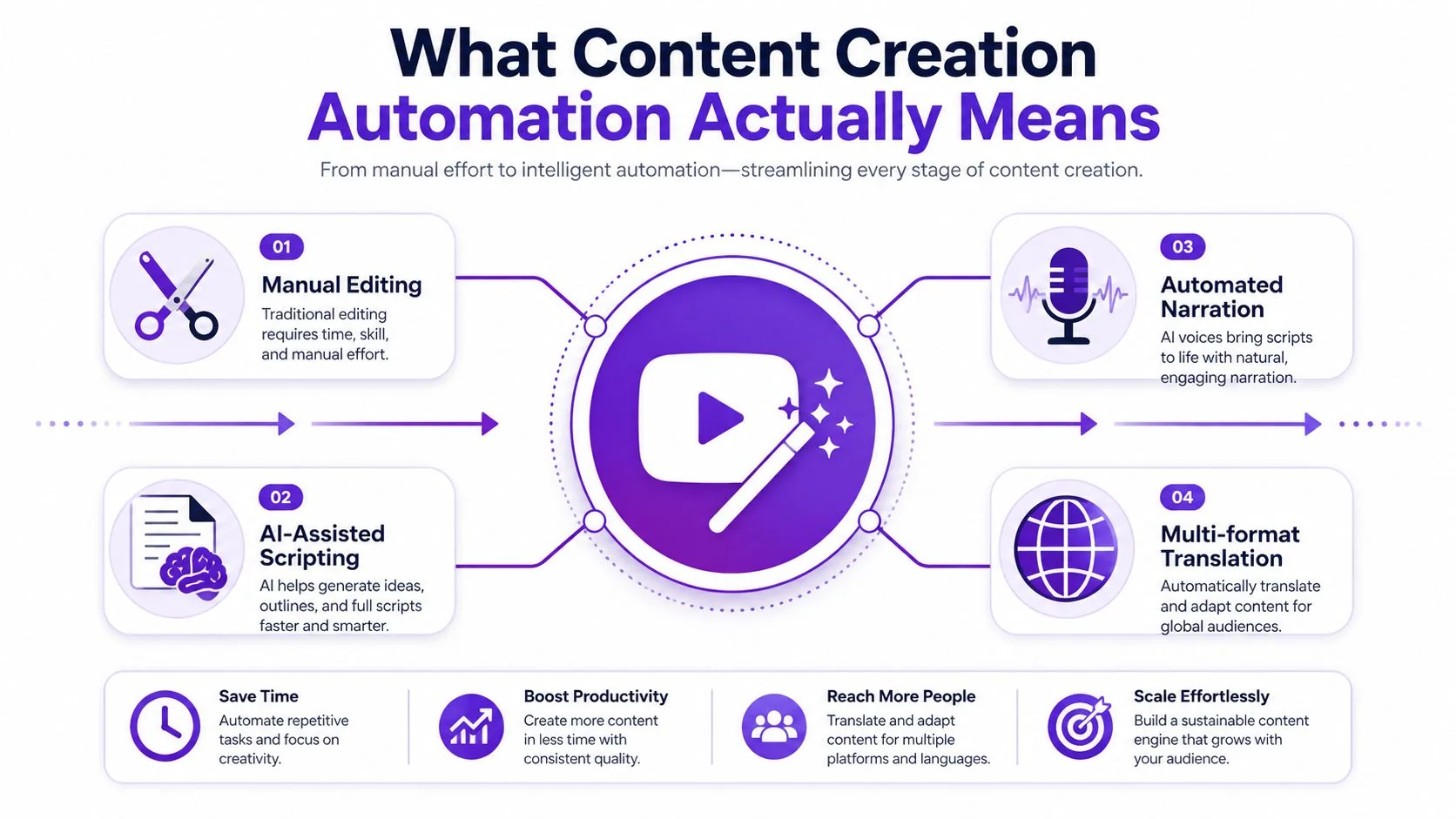 A diagram illustrating the four pillars of content creation automation including manual editing, AI scripting, narration, and translation.