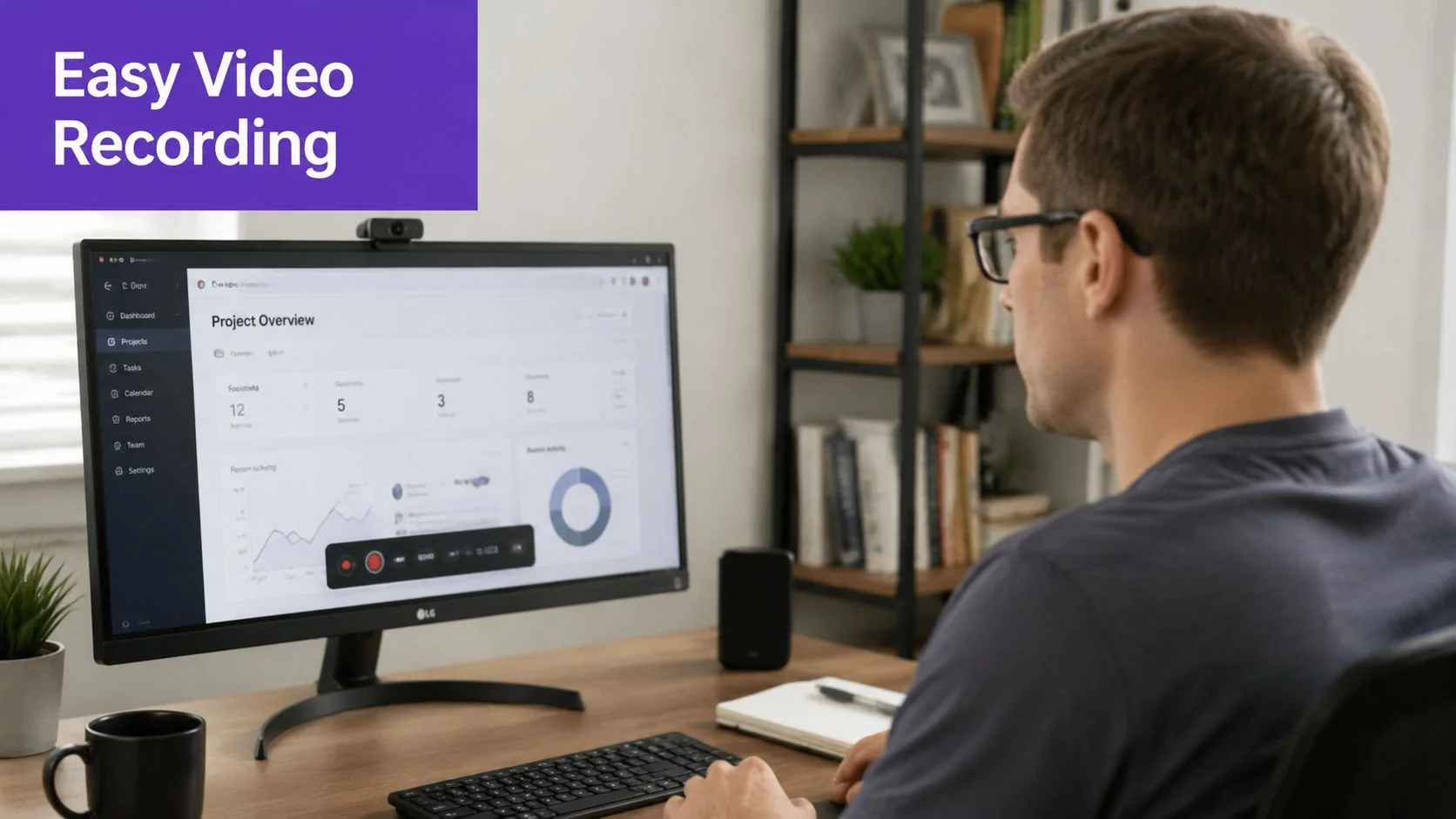 A man sitting at his desk working on a project dashboard on his computer monitor.