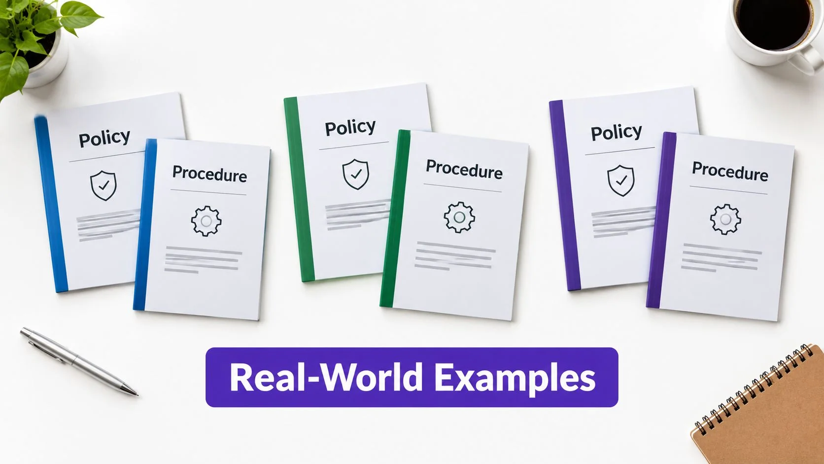 A flatlay view of policy and procedure document covers arranged neatly on a white desk workspace.