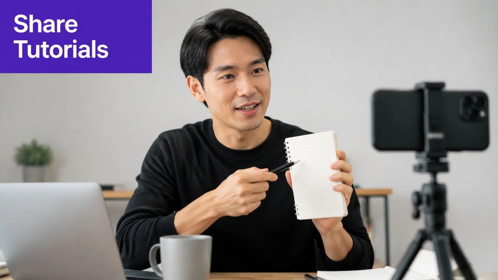 An Asian man filming a tutorial video with his smartphone while holding a blank notebook and pen.
