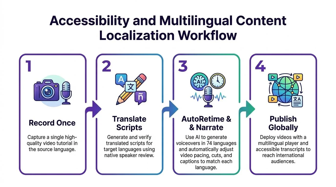 A four-step infographic illustrating a workflow for creating, translating, and globally publishing accessible multilingual video tutorials.