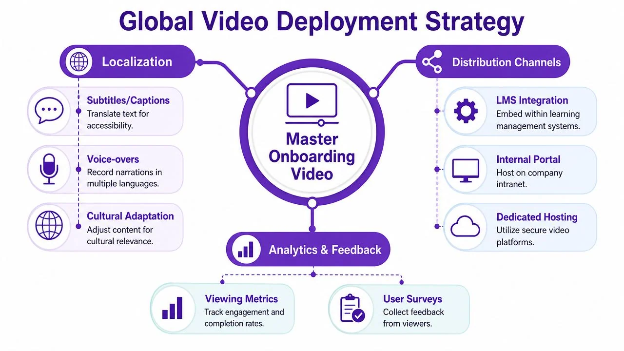 A diagram outlining a global video deployment strategy including localization, distribution channels, and analytics for onboarding videos.