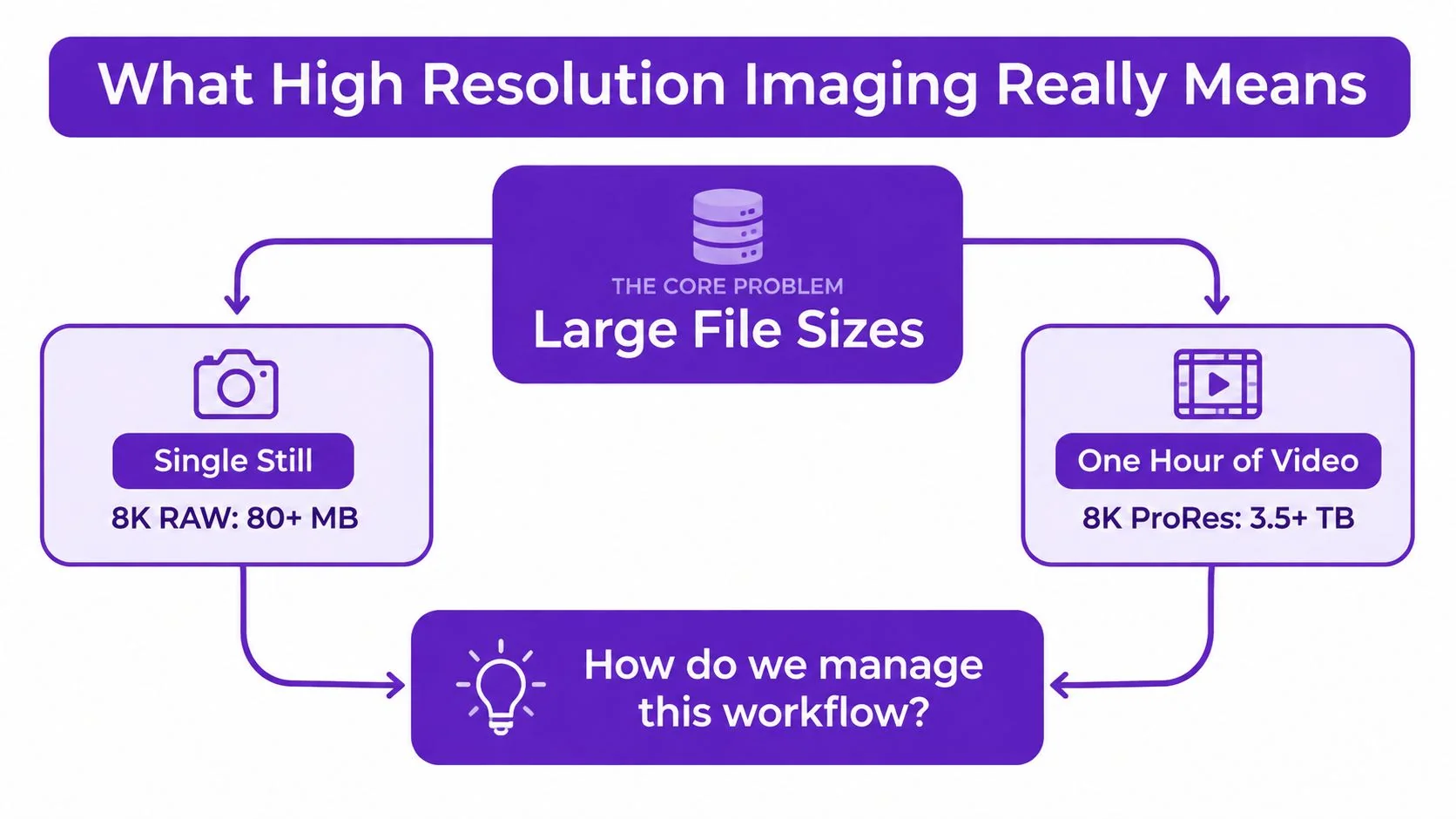 A diagram illustrating the storage challenges posed by large 8K RAW still images and 8K ProRes video files.