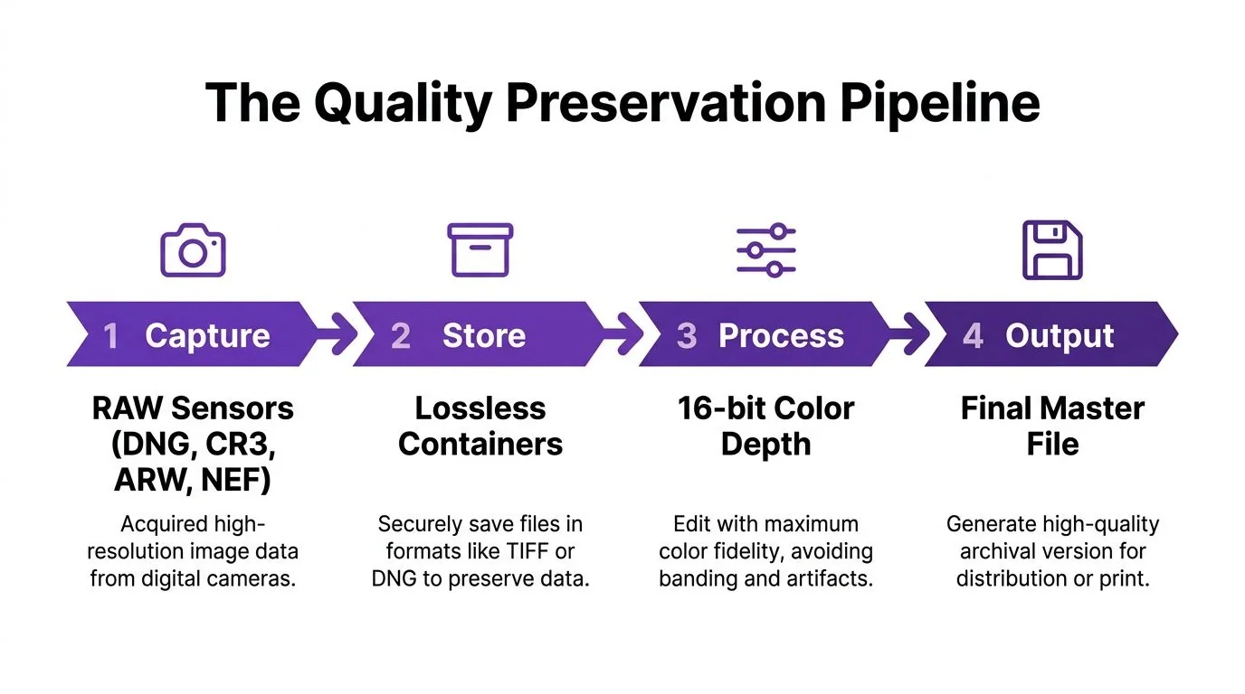 A four-step digital quality preservation pipeline flow chart for high-resolution imaging and photography workflows.