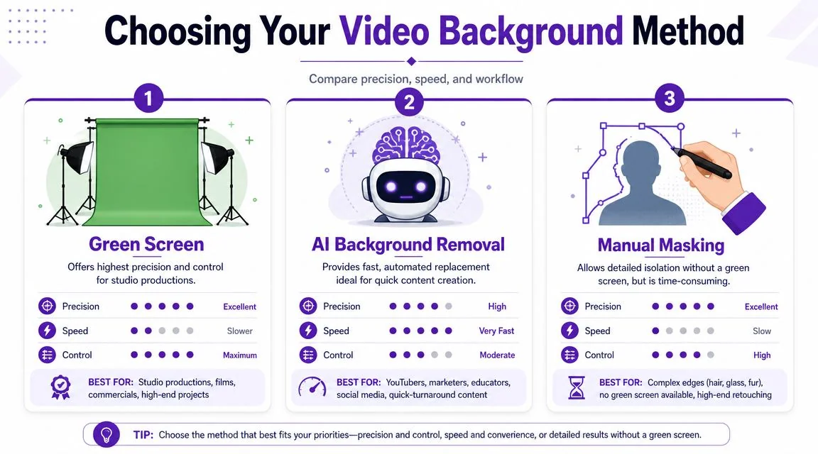An infographic comparing three methods for video background removal including green screen, AI tools, and manual masking.