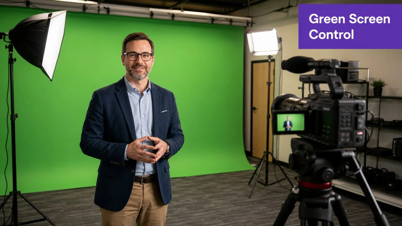 A professional man standing in front of a bright green screen inside a well-lit video studio.