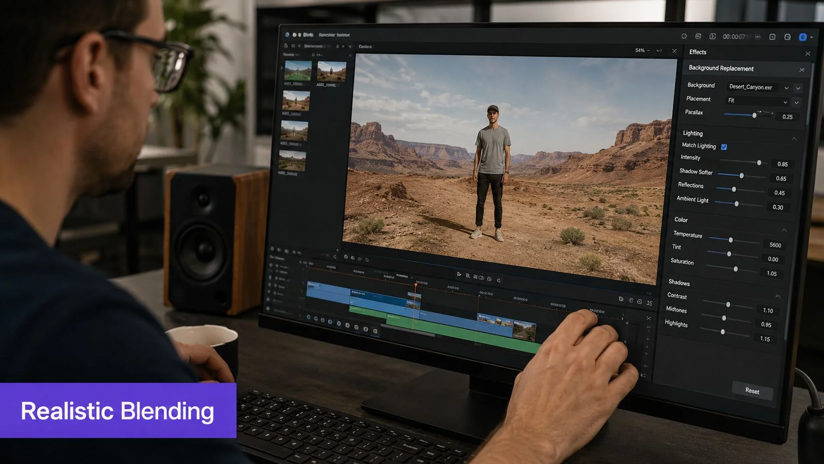 A professional video editor working on a computer screen displaying background replacement software for video editing.