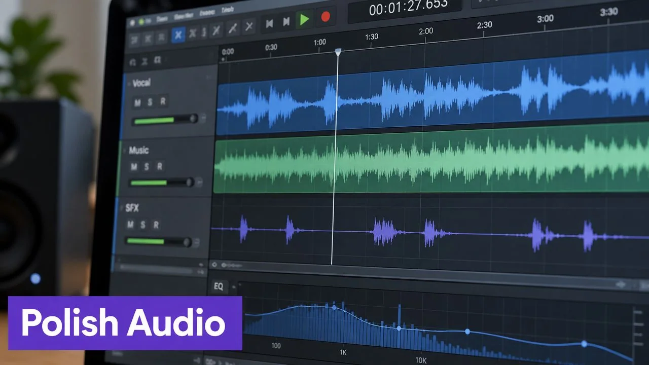 A close-up view of a computer screen showing digital audio workstation software editing multiple sound tracks.