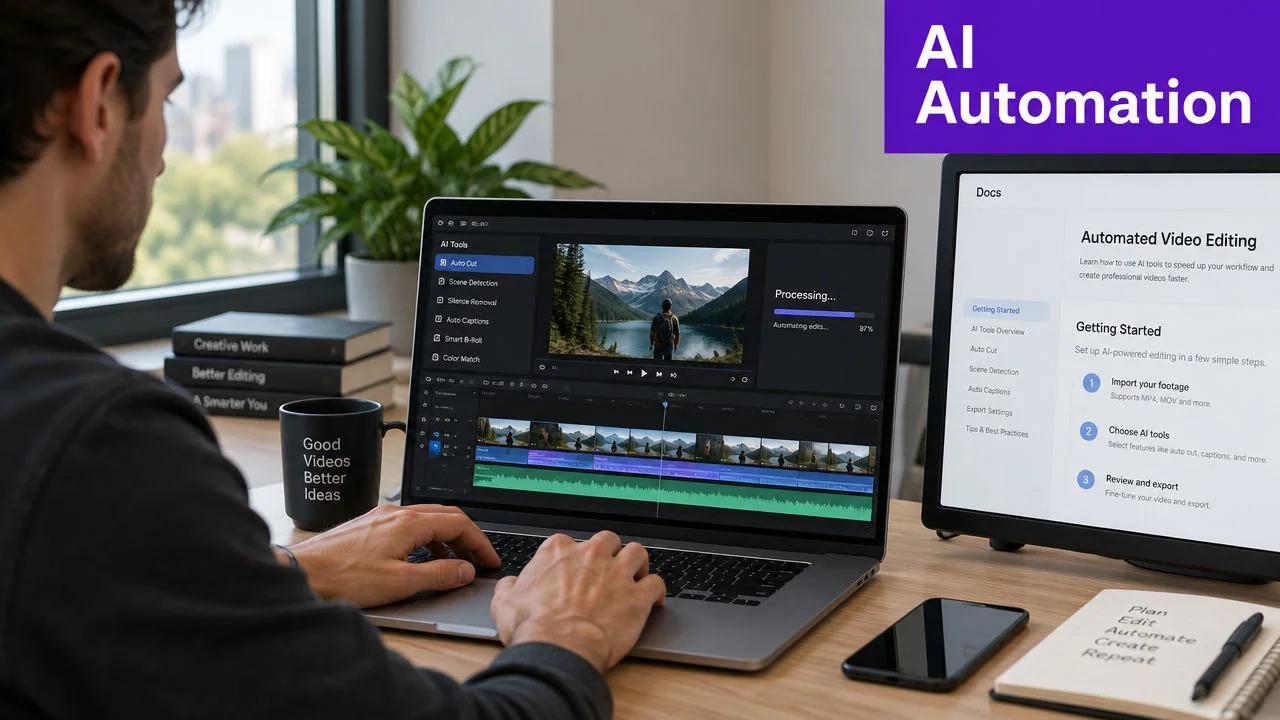 A video editor working on a laptop using AI automation software to speed up editing tasks.