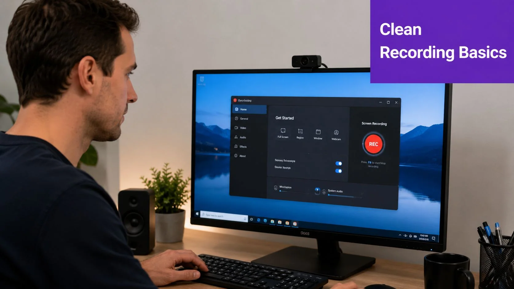 A man using a screen recording software on his computer to create a professional product demo video.