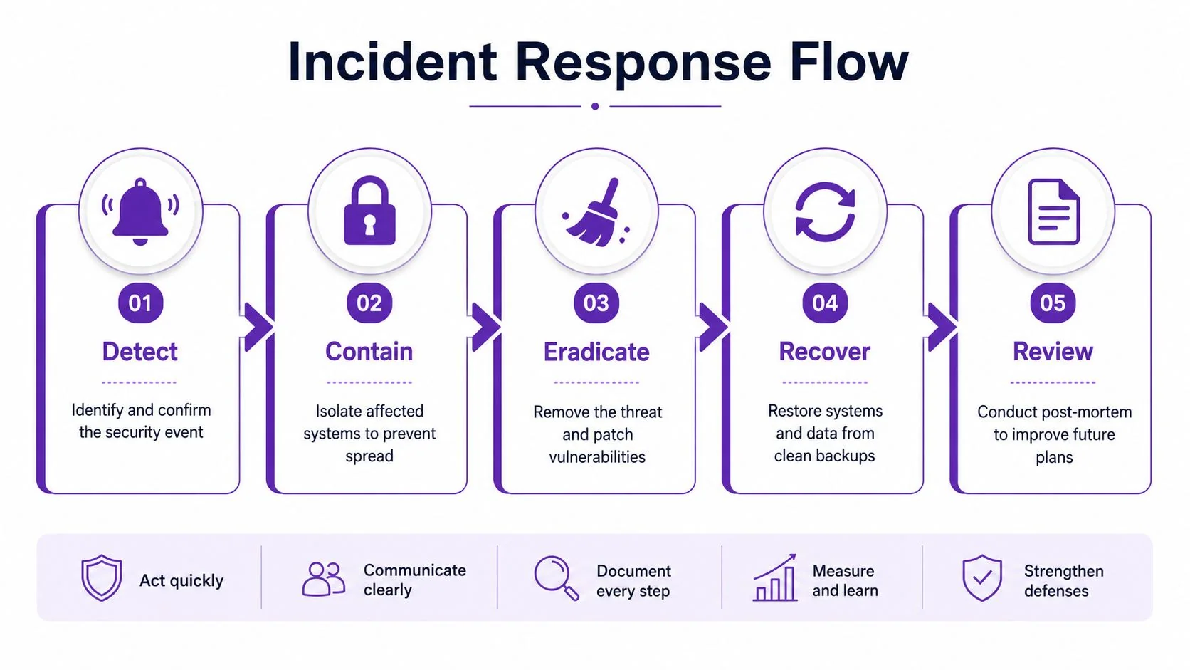 A diagram illustrating a five-step incident response flow for managing security events in information systems.