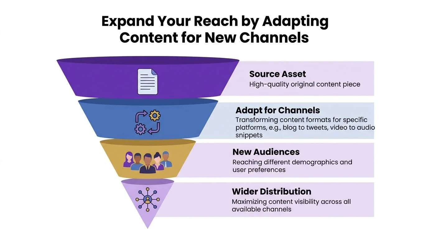 A funnel diagram illustrating the process of adapting content to reach new audiences and wider distribution.