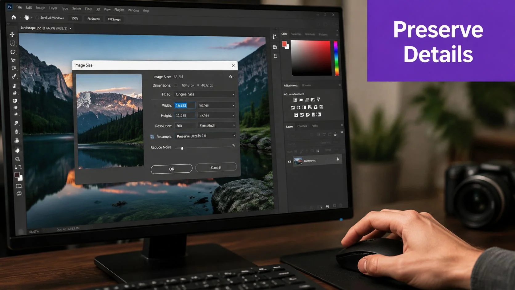 A designer using Adobe Photoshop on a desktop computer to resize an image with Preserve Details settings.
