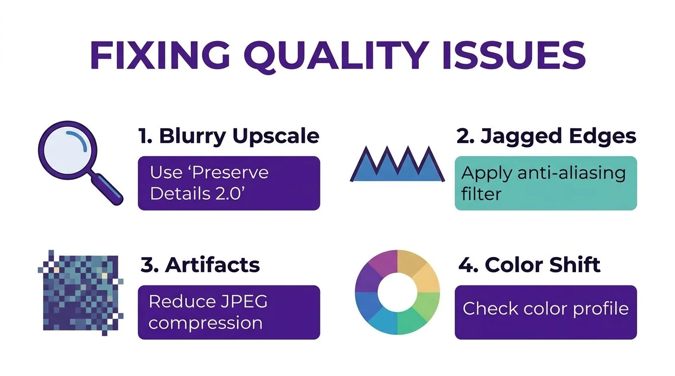 An infographic illustrating four common image quality issues and their professional solutions for better resolution and clarity.
