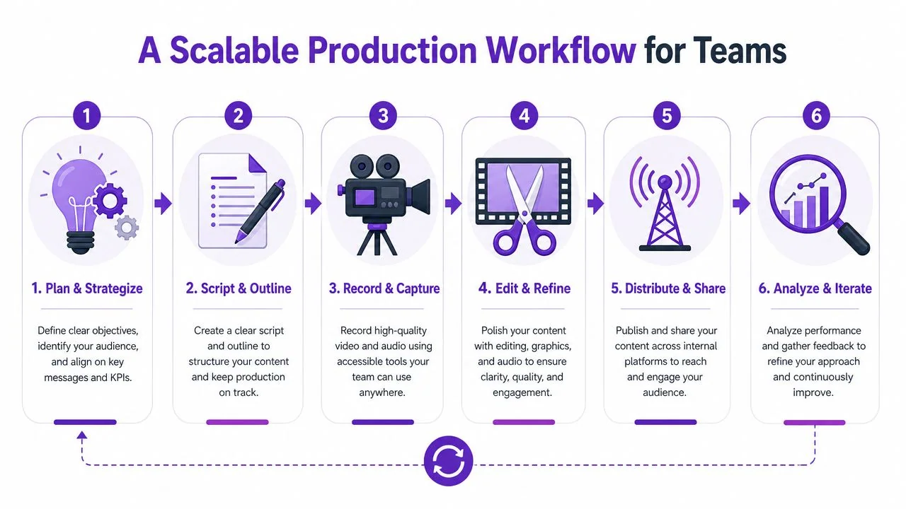 A six-step infographic illustrating a scalable production workflow for team internal video communications projects.