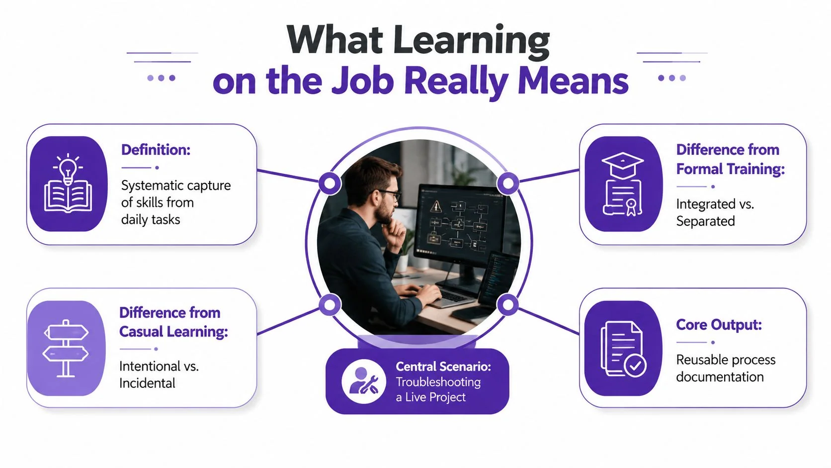 A professional infographic illustrating the concept of learning on the job with key definitions and distinctions.