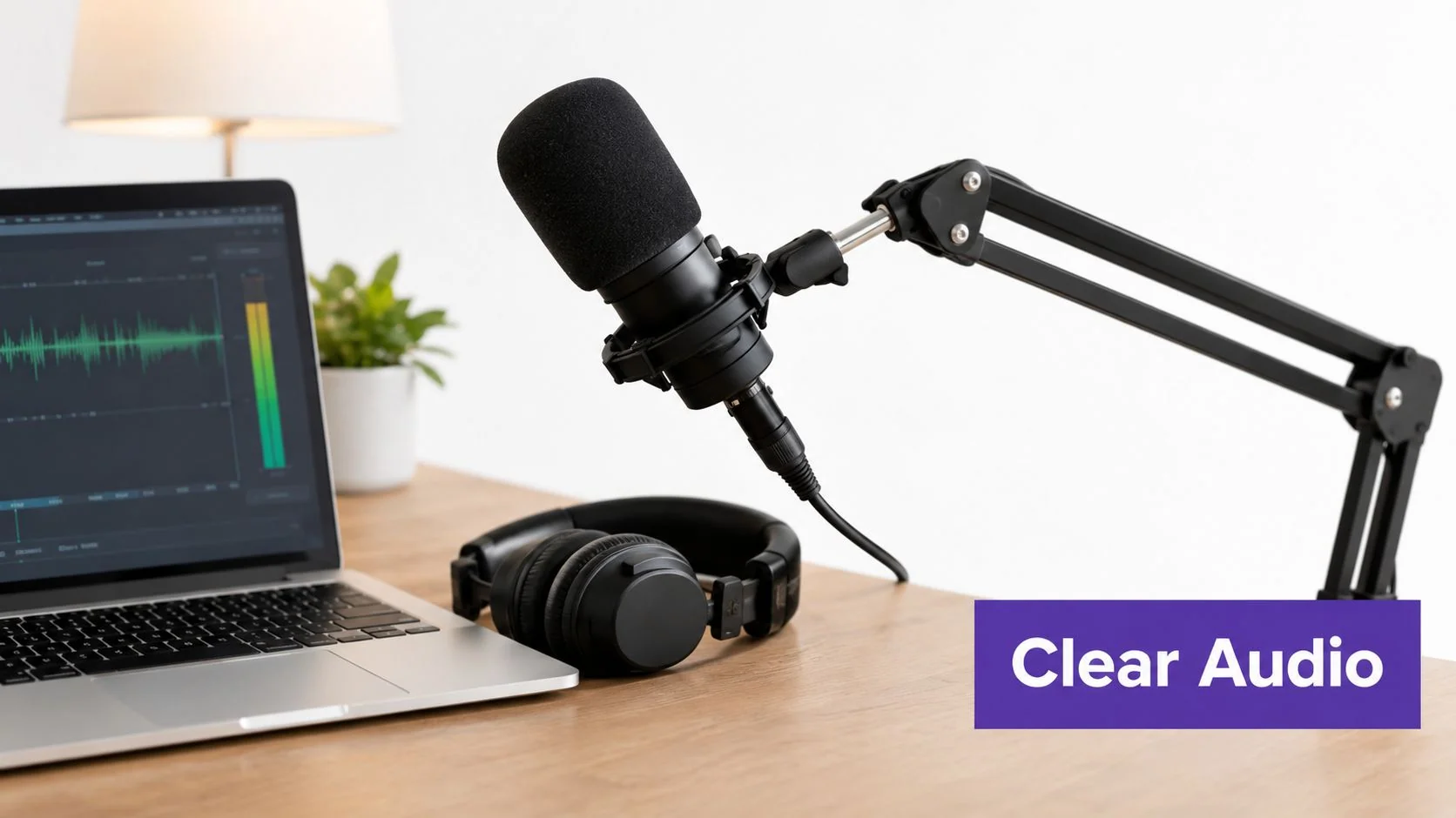 A professional podcast setup featuring a microphone on a boom arm, headphones, and a laptop on desk.