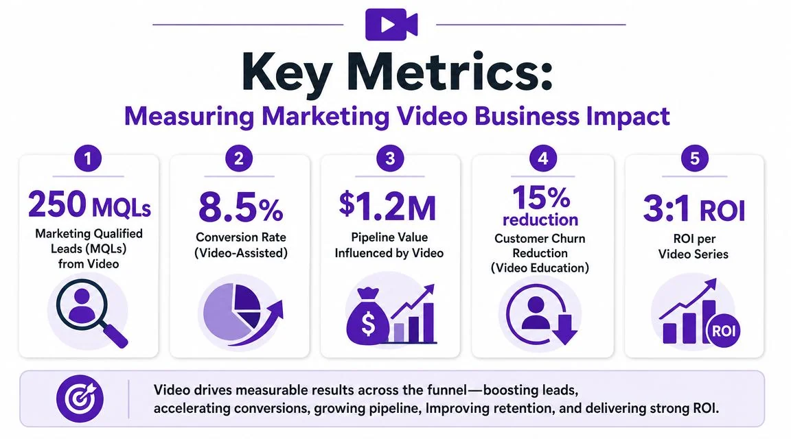 An infographic showing five key metrics for measuring the business impact of marketing video production efforts.