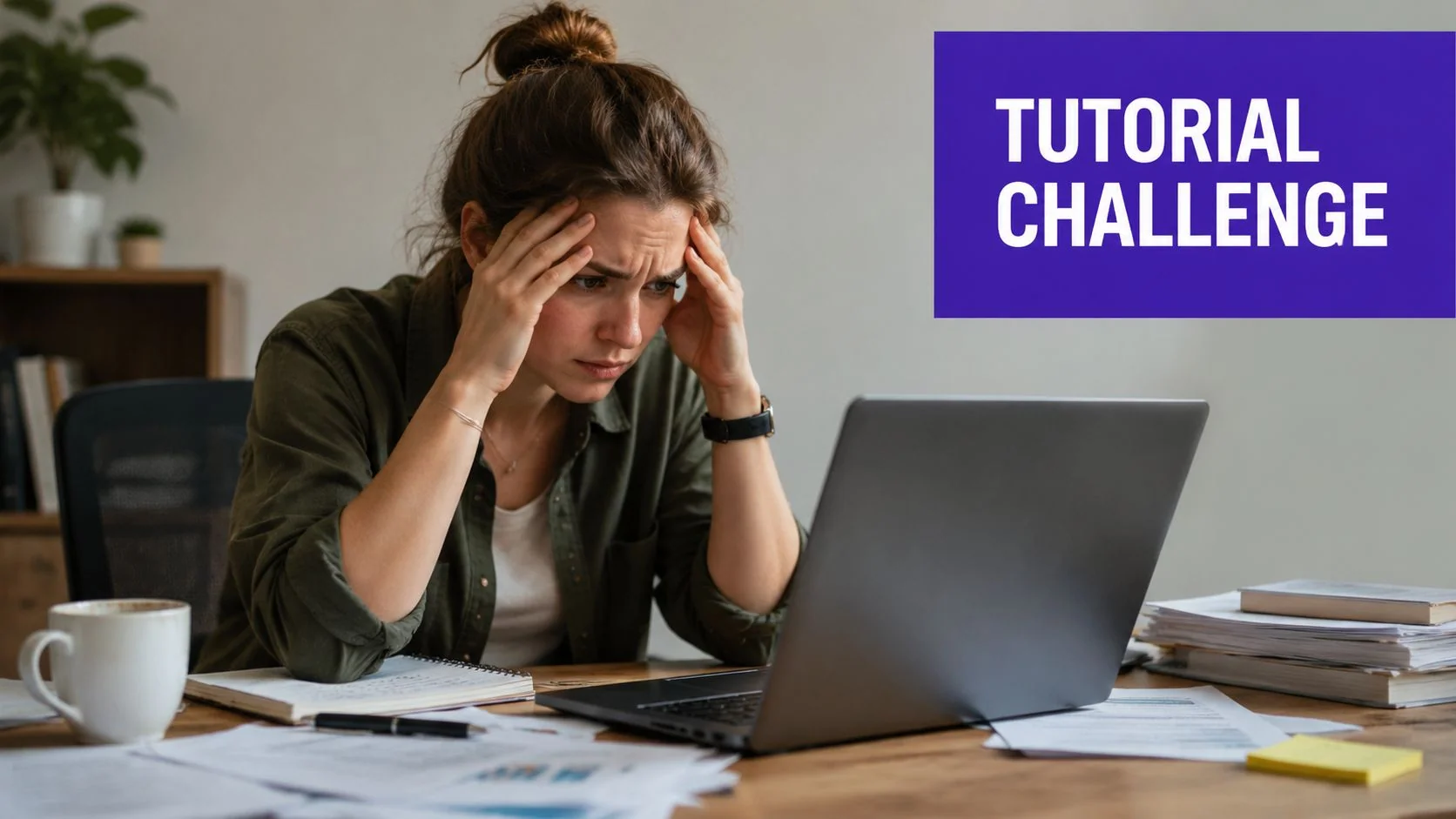A stressed young woman looking at her laptop screen while sitting at a messy desk with paperwork.
