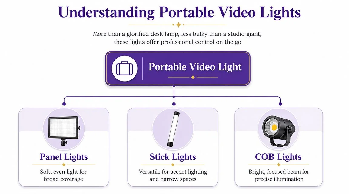 A diagram categorizing portable video lights into three main types: panel lights, stick lights, and COB lights.