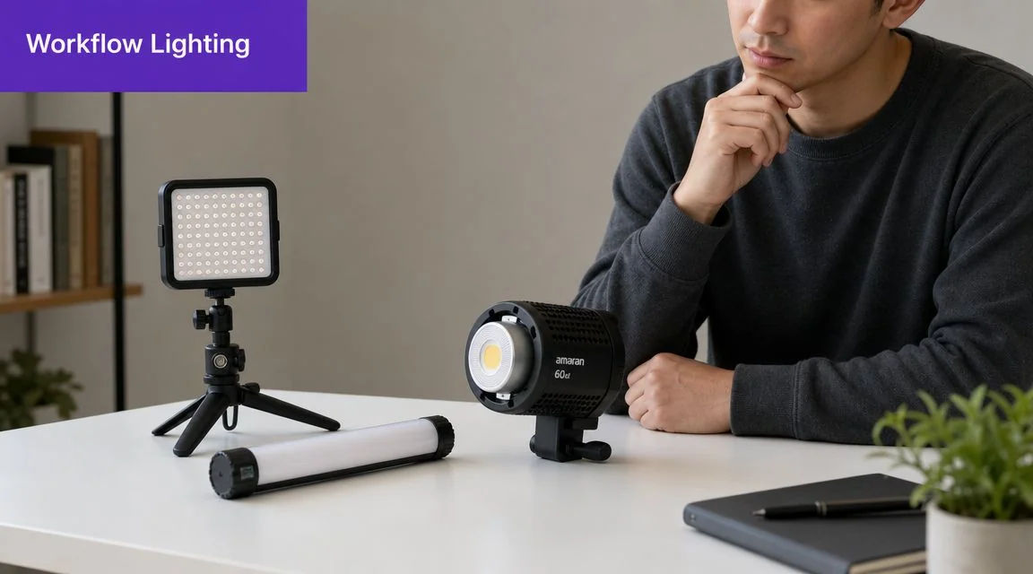 A person sitting at a desk with three different portable LED video lights for content creation.