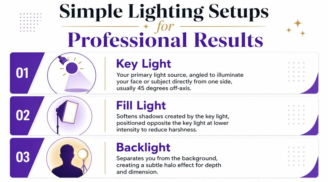 A visual guide explaining three simple lighting setups for professional video results using key, fill, and backlights.