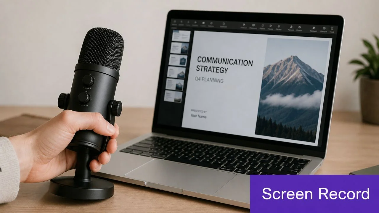A person holding a professional studio microphone next to a laptop displaying a presentation slide.