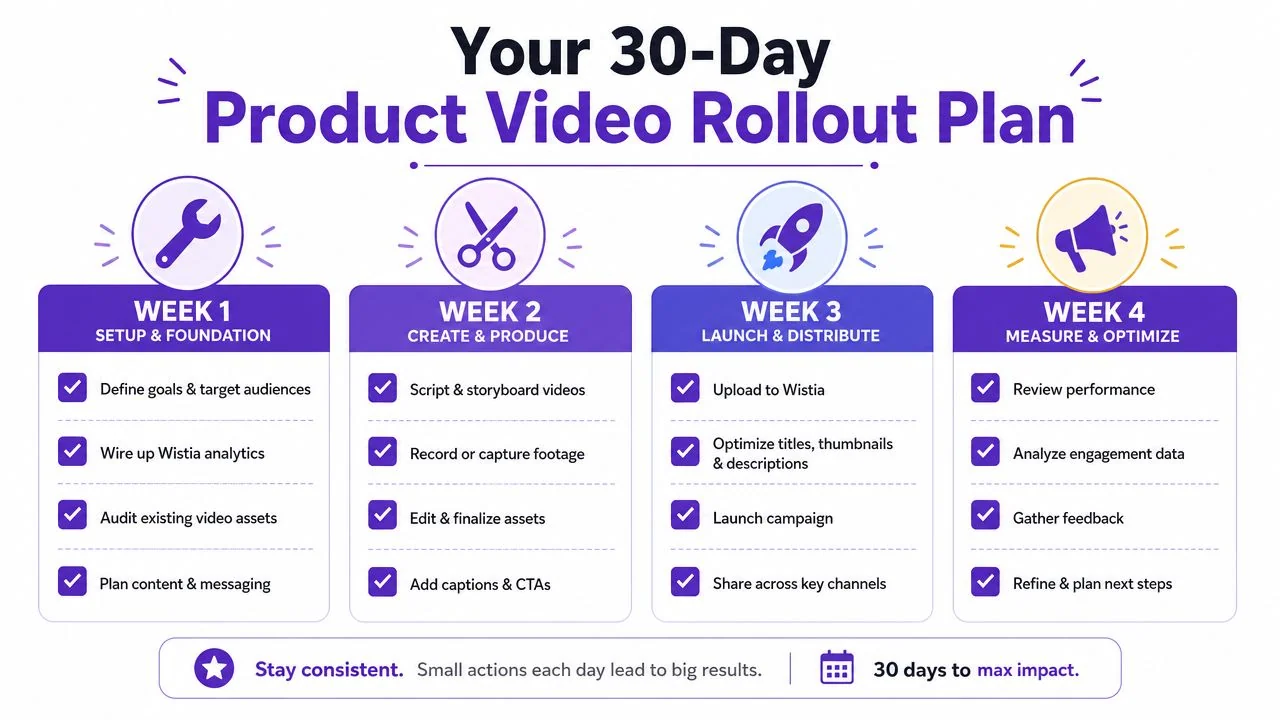 A 30-day product video rollout plan infographic showing weekly steps from setup to measurement and optimization.