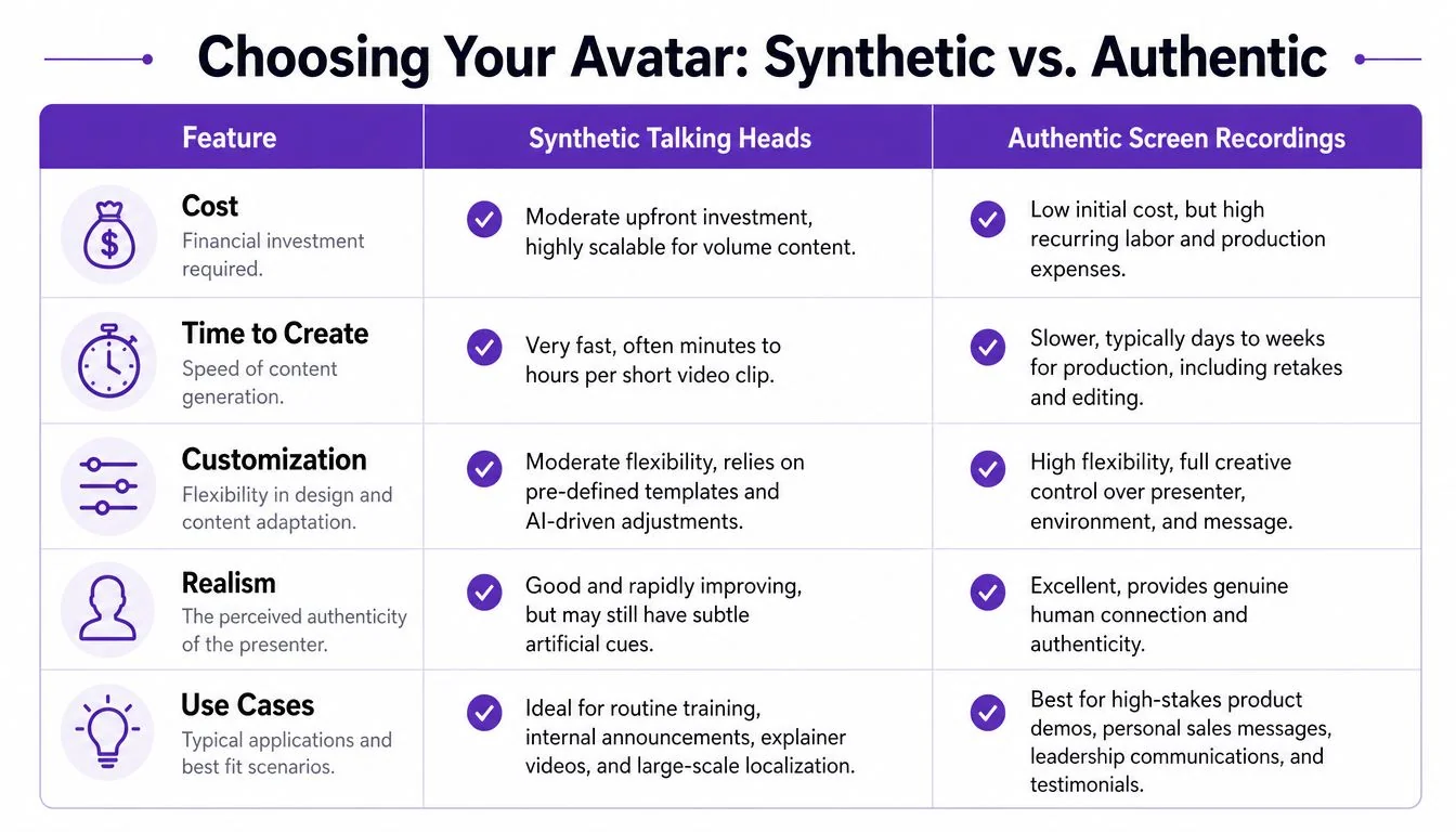 A comparison table outlining the differences between synthetic talking heads and authentic screen recordings for content creation.